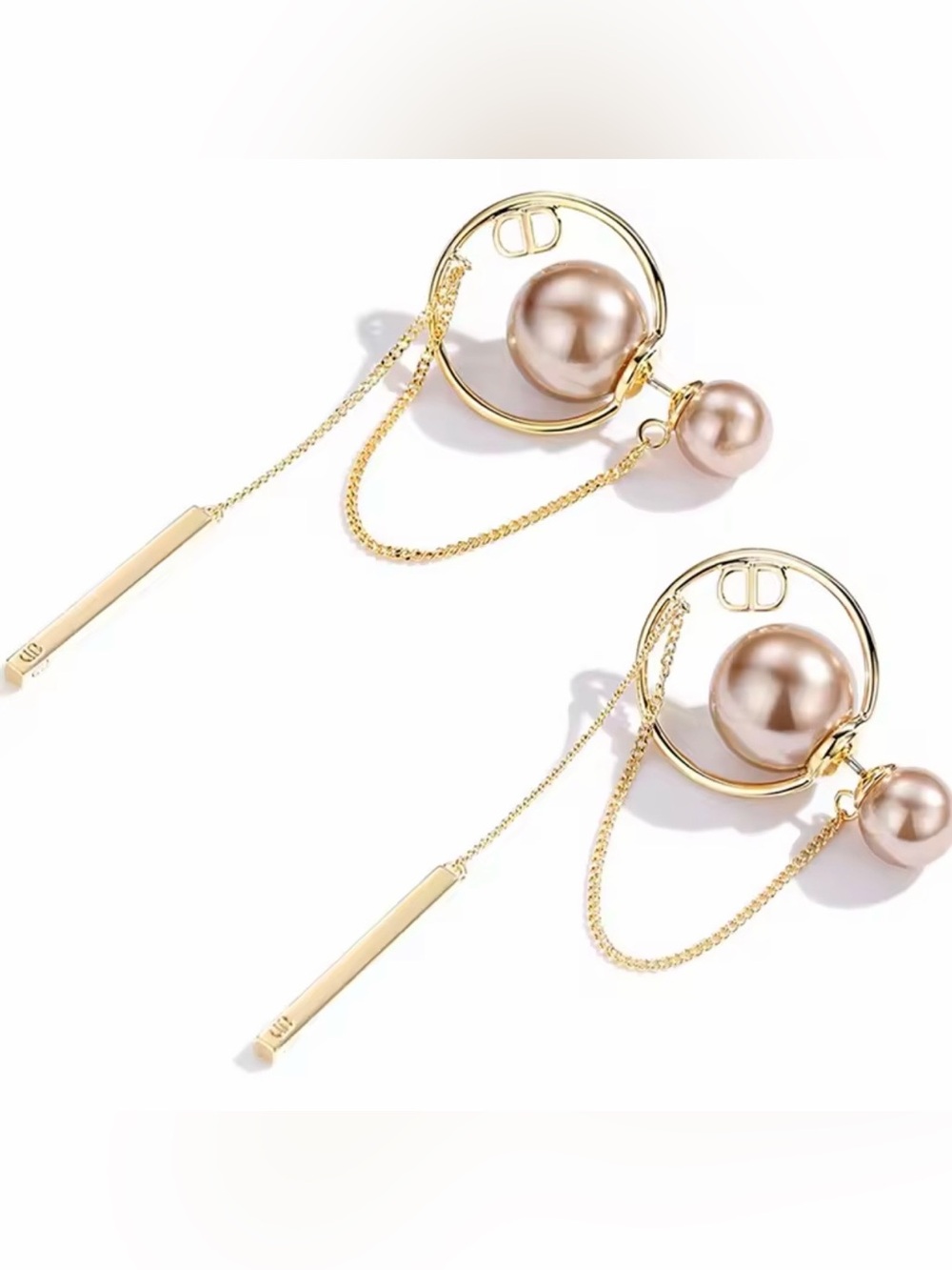 Gold-Tone Earrings with Rose Gold Pearls and Chain Drops